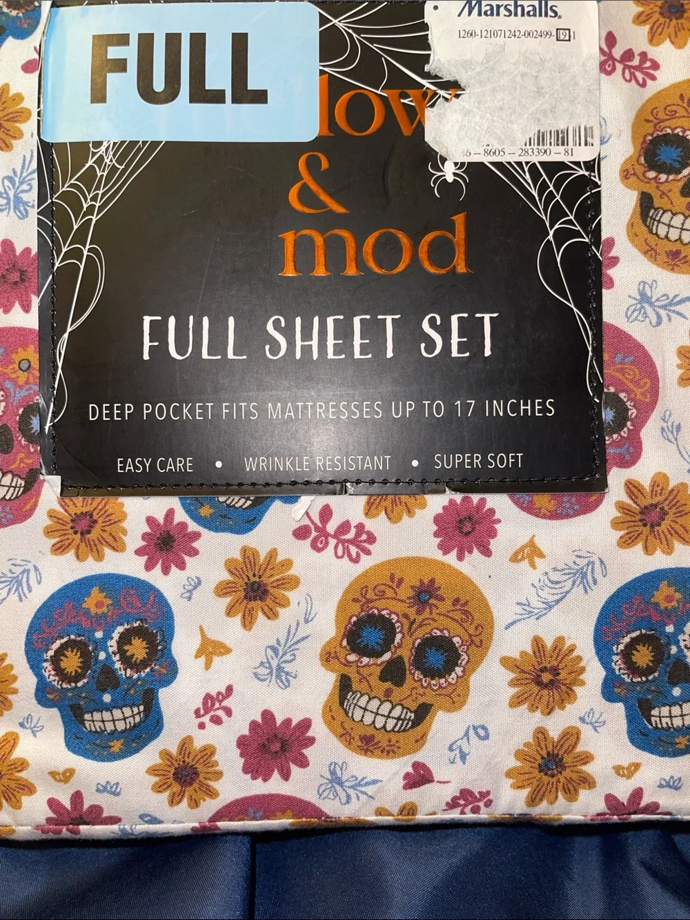 Mellow & Mod Full Sheet Set in White with Blue, Gold & Pink Sugar Skull Prints